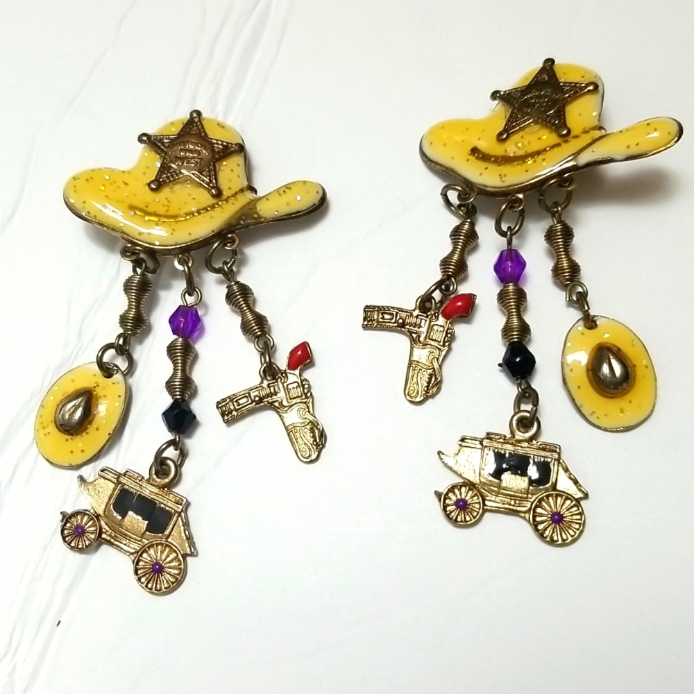 Cowgirl Enamel Multi Charm Dangle Clip Earrings Vintage